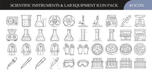 Scientific Instruments and Laboratory Equipment Icon Set - Collection of 40 outline icons featuring lab tools, glassware, protective gear, and scientific instruments, ideal for research, chemistry