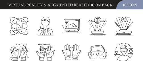 Virtual and Augmented Reality Line Icons Pack - Set of 10 modern line icons representing VR, AR, holograms, headsets, immersive experiences, interactive technology, and digital innovation.
