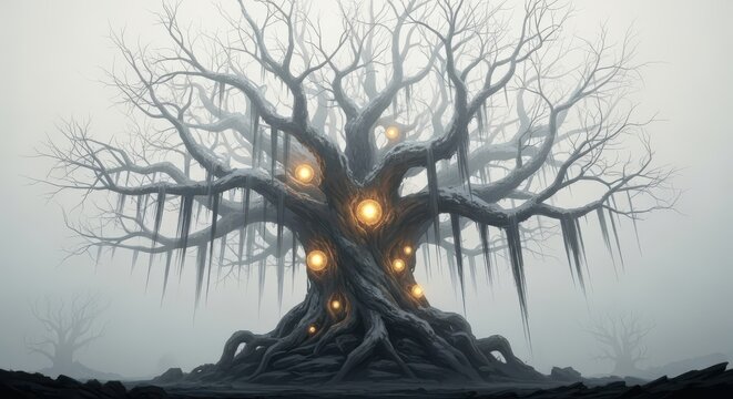 Mysterious ancient tree with glowing orbs in eerie fog - Powered by Adobe