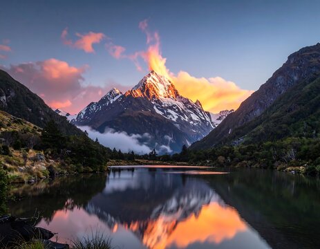 A serene alpine lake reflects the fiery sunrise over snow-capped peaks, showcasing a tranquil mountain valley.