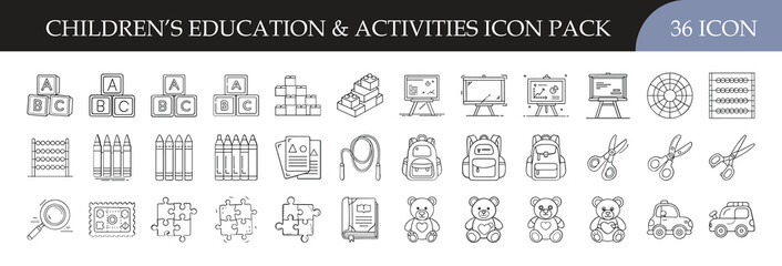 Children’s Education and Activities Outline Icon Pack - Set of 36 simple line icons representing children’s learning, play, school, and creative activities for educational materials and designs.
