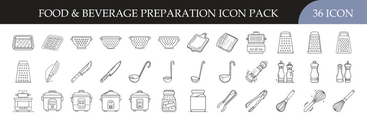 Food and Beverage Preparation Line Icon Collection - Set of 36 outline icons showing kitchen tools, cookware, utensils, and ingredients for cooking, dining, and beverage preparation design projects.
