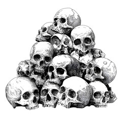 Pile of human skulls isolated on transparent background
