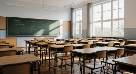 Fototapeta premium Organized Classroom with Wooden Desks, Chalkboard, and Educational Posters