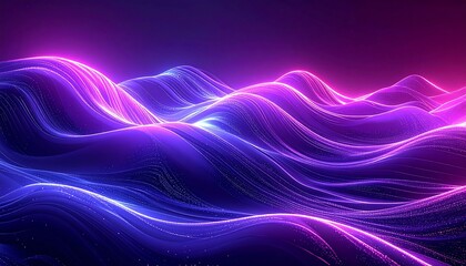 Obraz premium Abstract digital artwork showing undulating, wave-like forms illuminated by vibrant pink and blue neon light, creating a glowing visual