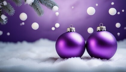 Fototapeta premium Two Purple Christmas Ornaments Resting On A Snowy Surface