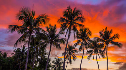 Obraz premium Beautiful palm tree silhouettes at tropical sunset sky with vibrant clouds