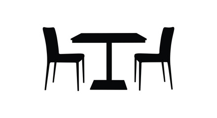 Simple black and white illustration of a table and two chairs