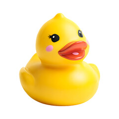 Cute yellow rubber duck toy with pink cheeks and red lips isolated on transparent background
