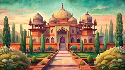 Grand Mughal Palace Entrance with Landscaped Gardens and Cypress Trees architecture building
