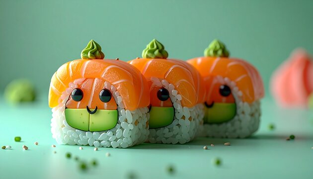A charming trio of anthropomorphic salmon sushi characters with happy avocado faces on a minimalist green background - Powered by Adobe