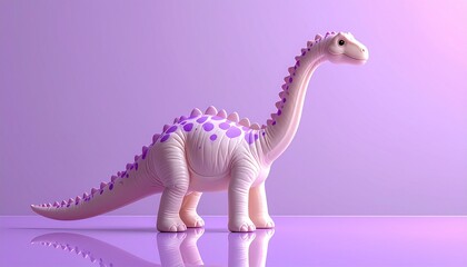 Naklejka premium A whimsical, pastel-colored dinosaur toy with purple spots, set against a soft lavender background with gentle reflections, evoking a sense of playful nostalgia and imaginative childhood adventures