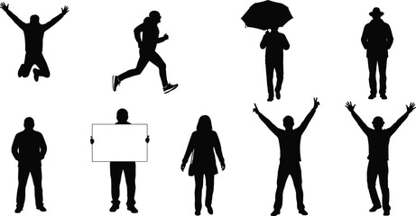 Silhouette grid of diverse human poses and gestures, jumping, running, standing, umbrella, sign holding, expressive actions, vector illustration, isolated background