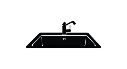 A simple black and white illustration of a kitchen sink and faucet