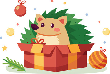 Cute hedgehog in a christmas gift box with ornaments
