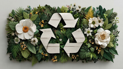 Recycling symbol made of white arrows embedded in lush green leaves and flowers. Generative AI