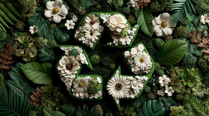 Recycling symbol made of white arrows embedded in lush green leaves and flowers. Generative AI