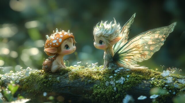 Two fae creatures chilling lovingly on a mossy log. One is thin and short, the other tall and medium-build. The short one is a mushroom fae. The tall one is a sylph, a fae of the air. The two are mutu