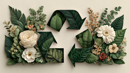 Recycling symbol made of white arrows embedded in lush green leaves and flowers. Generative AI