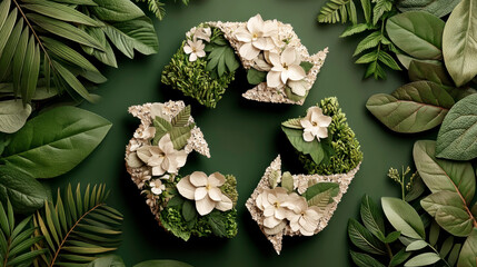 Recycling symbol made of white arrows embedded in lush green leaves and flowers. Generative AI