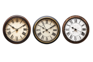 Artistic wall clocks in various designs isolated on transparent background