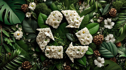 Recycling symbol made of white arrows embedded in lush green leaves and flowers. Generative AI