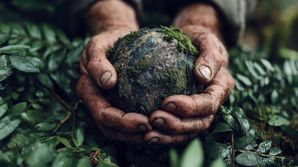 Human hands hold a detailed globe, surrounded by lush green leaves. Generative AI