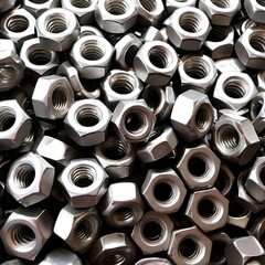 A close-up view of a large pile of stainless steel hex nuts.