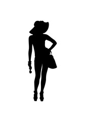 A bold, black silhouette of a woman in fashionable summer attire, posing confidently.