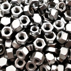 A close-up view of a large pile of stainless steel hex nuts.