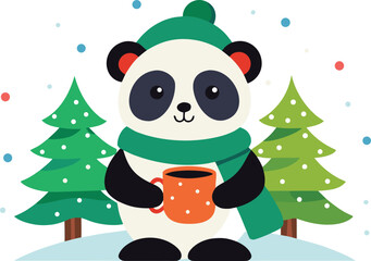Cute panda wearing a hat and scarf holding a hot drink in winter © Riddhi