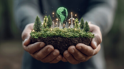 A futuristic concept of sustainable energy and environmental technology, glowing light bulbs sprouting from plants. Generative AI