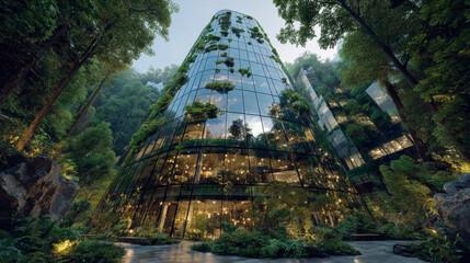 A glass skyscraper reflects a lush, green forest, with trees and vegetation visible on its surface. Generative AI