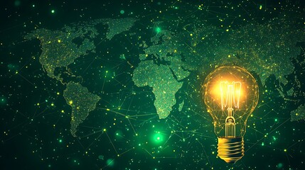 Glowing light bulb on a digital world map with green glowing connections