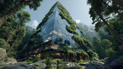 A glass skyscraper reflects a lush, green forest, with trees and vegetation visible on its surface. Generative AI