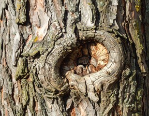 Close-up view of a gnarled tree trunk, showcasing intricate bark textures and a weathered, circular knot.