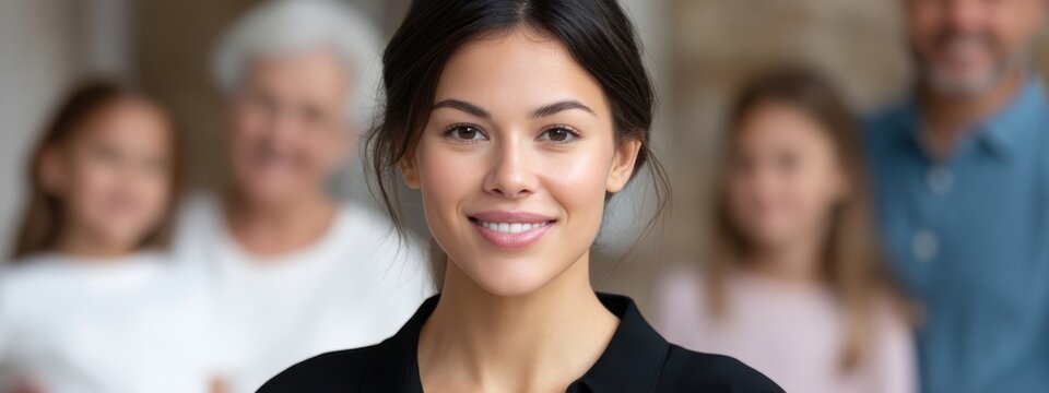 Smiling Woman with Family in Background at Home Setting