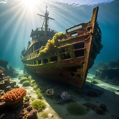 A shipwreck resting on the ocean floor.