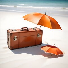 A serene beach scene on a sunny day. A vintage suitcase rests on the soft, white sand, with a bright orange umbrella planted on top of it.