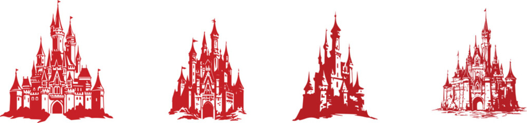 Obraz premium Four red fantasy castle silhouettes on white background silhouette