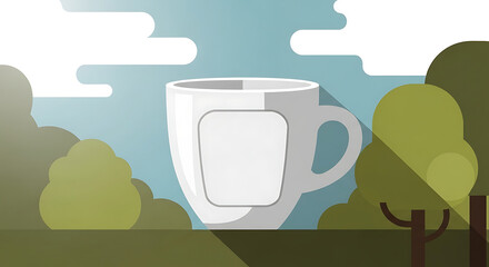 Minimalist Flat Design Illustration of a White Mug in a Serene Outdoor Landscape