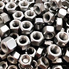 A close-up view of a large pile of stainless steel hex nuts.