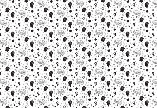 A seamless pattern related to mental health. The background design is black and white. Ideal for awareness campaigns, event banners, and therapy room murals, with simple, supportive illustrations.