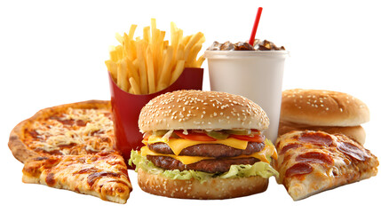 Delicious fast food combo meal with burger fries and pizza isolated on transparent background
