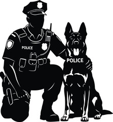 Silhouette of police officer kneeling beside K-9 dog, law enforcement partnership, public safety teamwork, vector illustration, isolated on white background