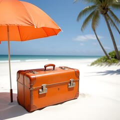 A serene beach scene on a sunny day. A vintage suitcase rests on the soft, white sand, with a bright orange umbrella planted on top of it.