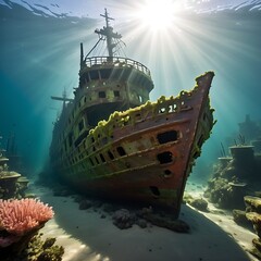 A shipwreck resting on the ocean floor.