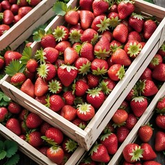 A wooden crate filled with fresh, ripe strawberries. The strawberries are a vibrant red color and have green leaves attached to them.