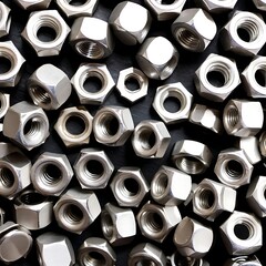 A close-up view of a large pile of stainless steel hex nuts.