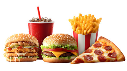 Fast food meal with burgers fries pizza and soda isolated on transparent background